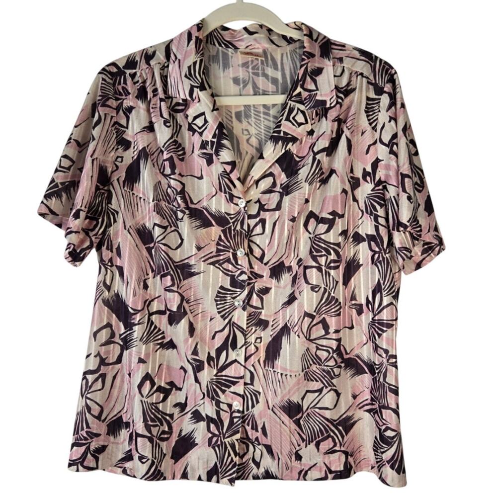Vintage 70s Graff Californiawear Pleated Secretary Floral Short Sleeve Button Up